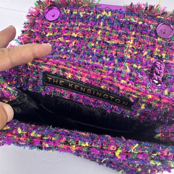 Kurt Geiger London Mini Kensington Bouclé Tweed Bag Purple Eagle Head Chain - Picture 11 of 12